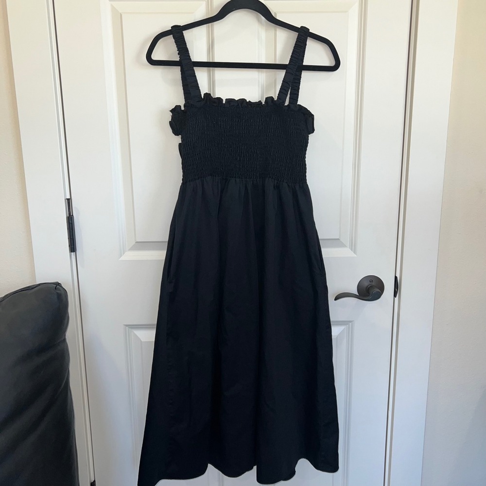 Topshop Smocked Cotton Poplin‎ Strappy Back Midi Dress Black Size Petite 12